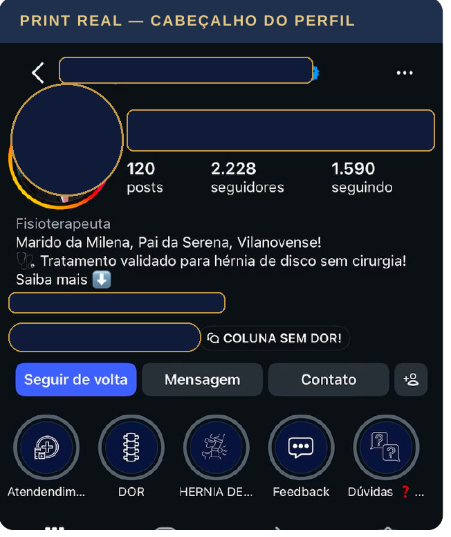 Print real anonimizado de diagnóstico de perfil de Instagram, com nota por eixo de Autoridade, Atração, Clareza e Conversão